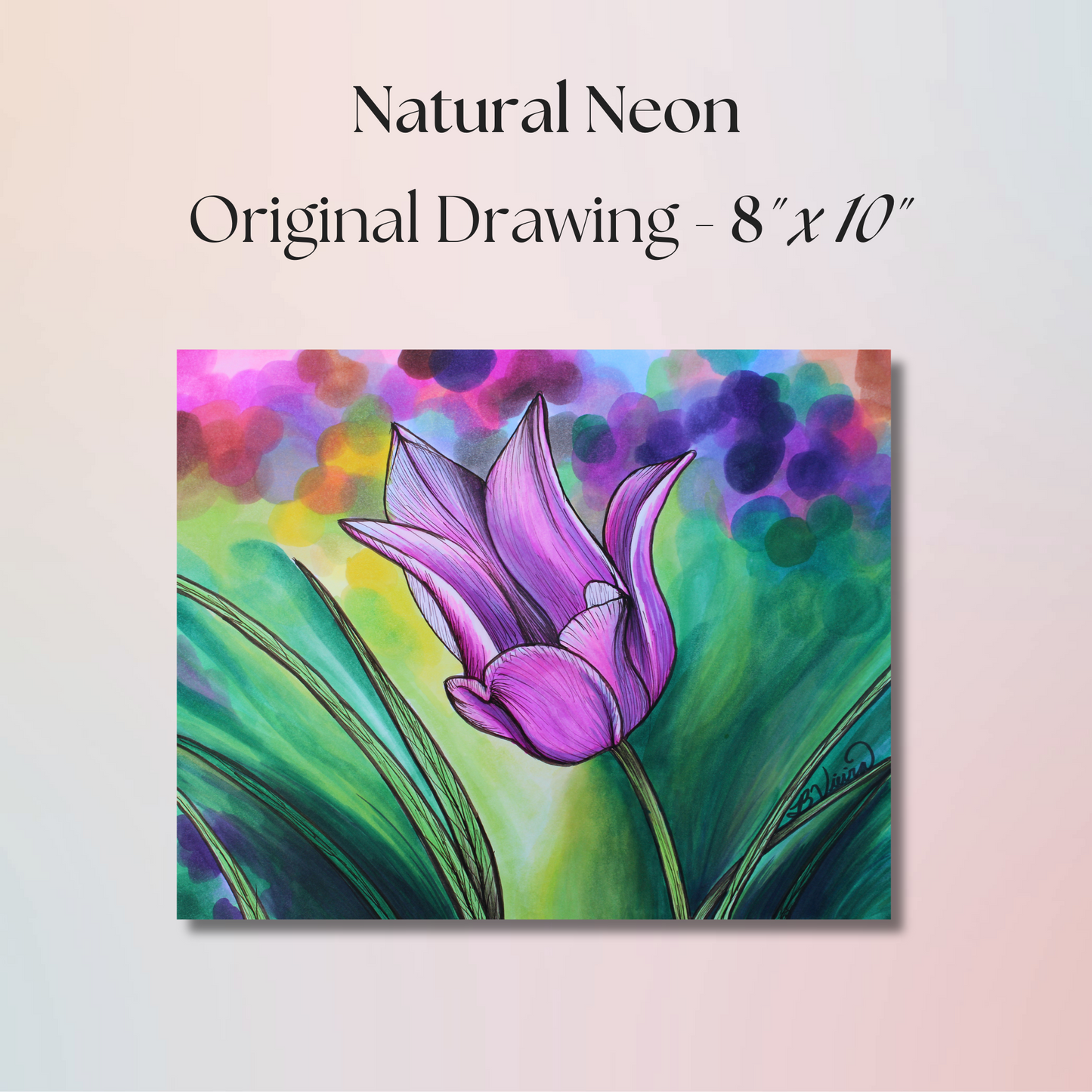 Natural Neon Flower Drawing - 8" x 10" Original Marker Artwork
