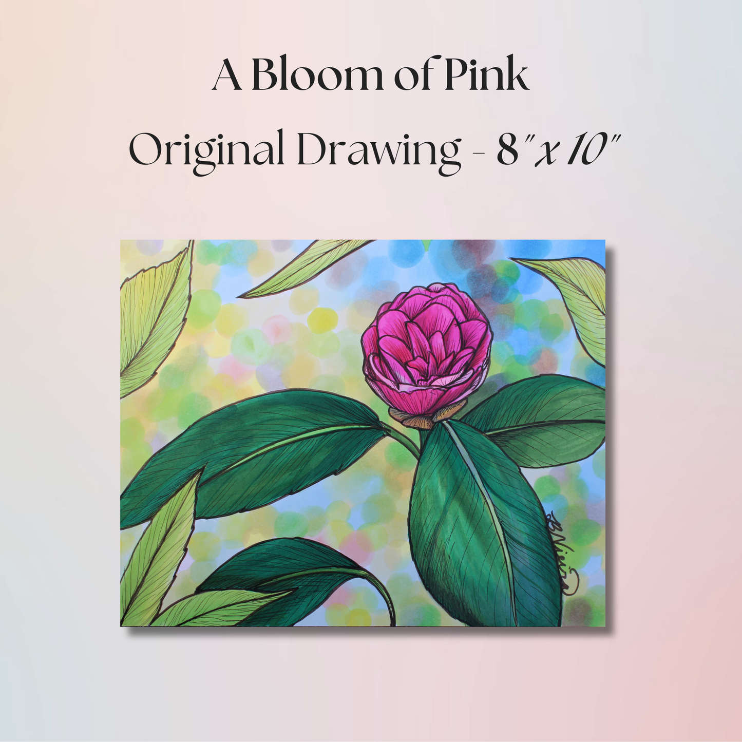 A Bloom of Pink - Flower Drawing - 8" x 10" Original Marker Artwork
