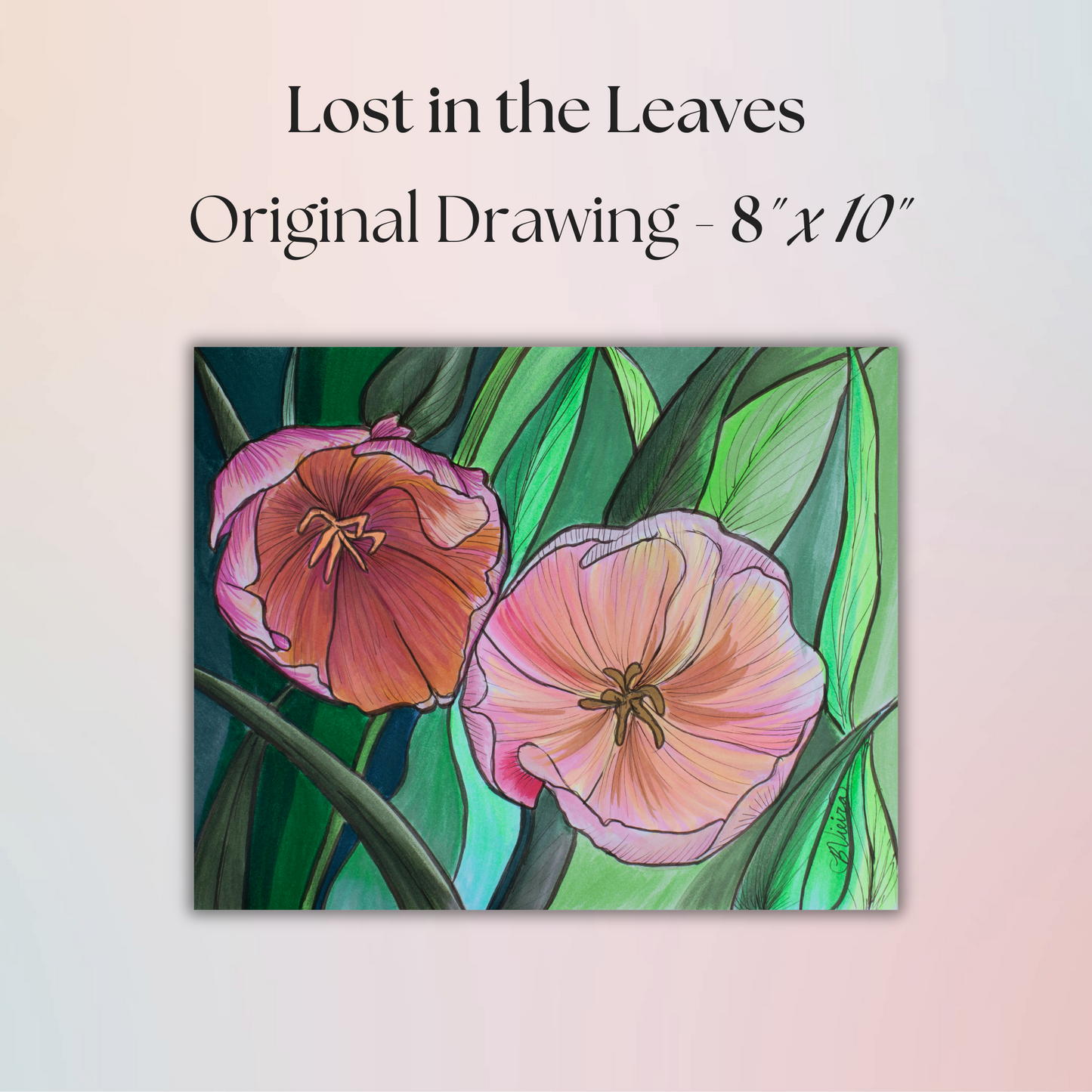 Lost in the Leaves Flower Drawing - 8" x 10" Original Marker Artwork