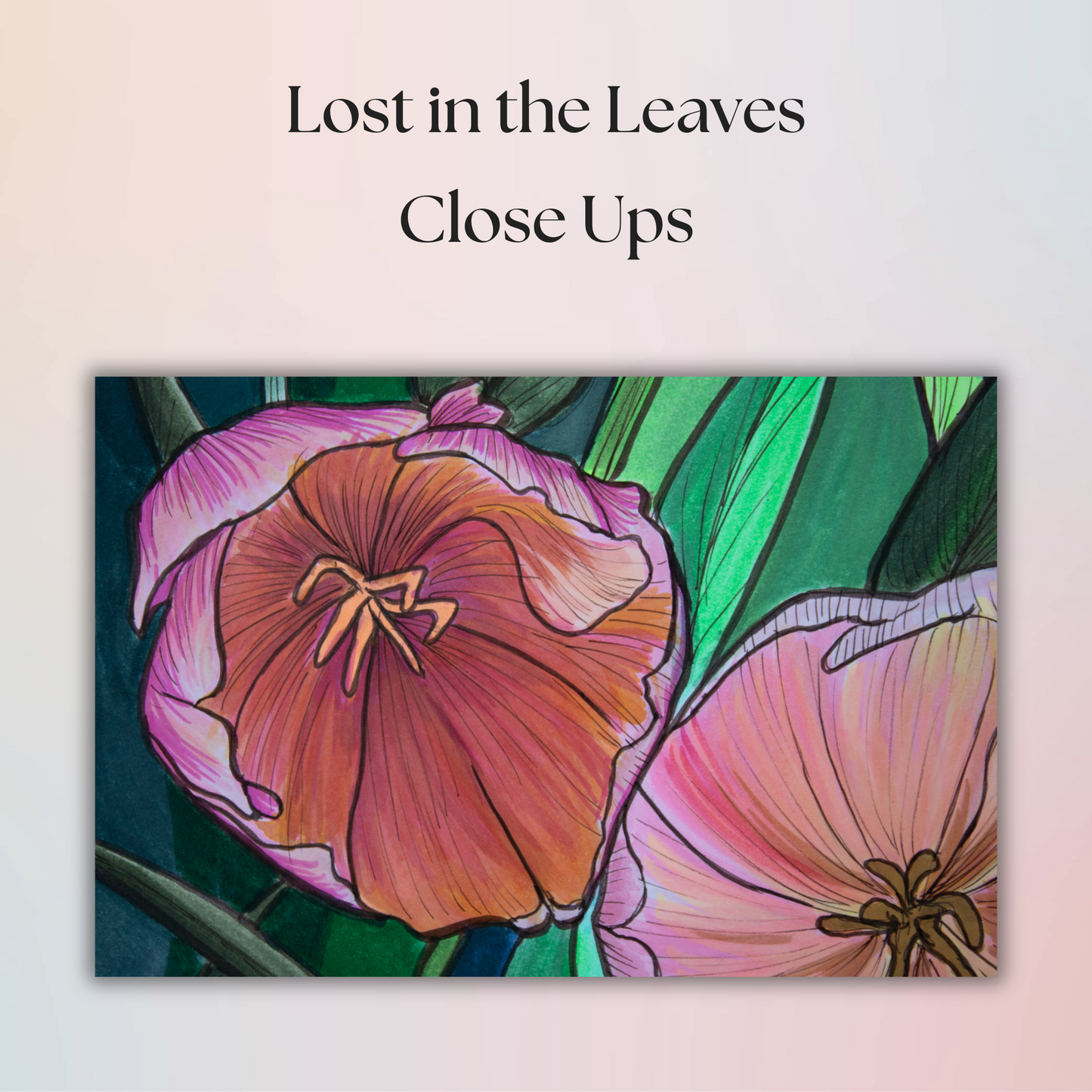 Lost in the Leaves Flower Drawing - 8" x 10" Original Marker Artwork