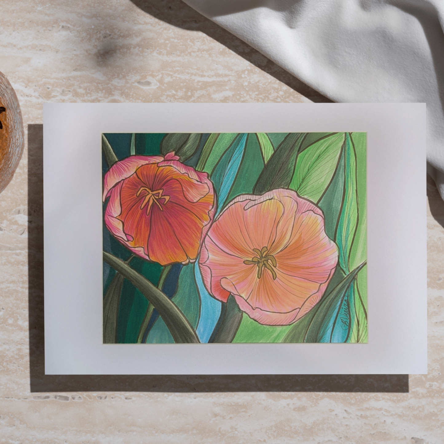 Lost in the Leaves Flower Drawing - 8" x 10" Original Marker Artwork