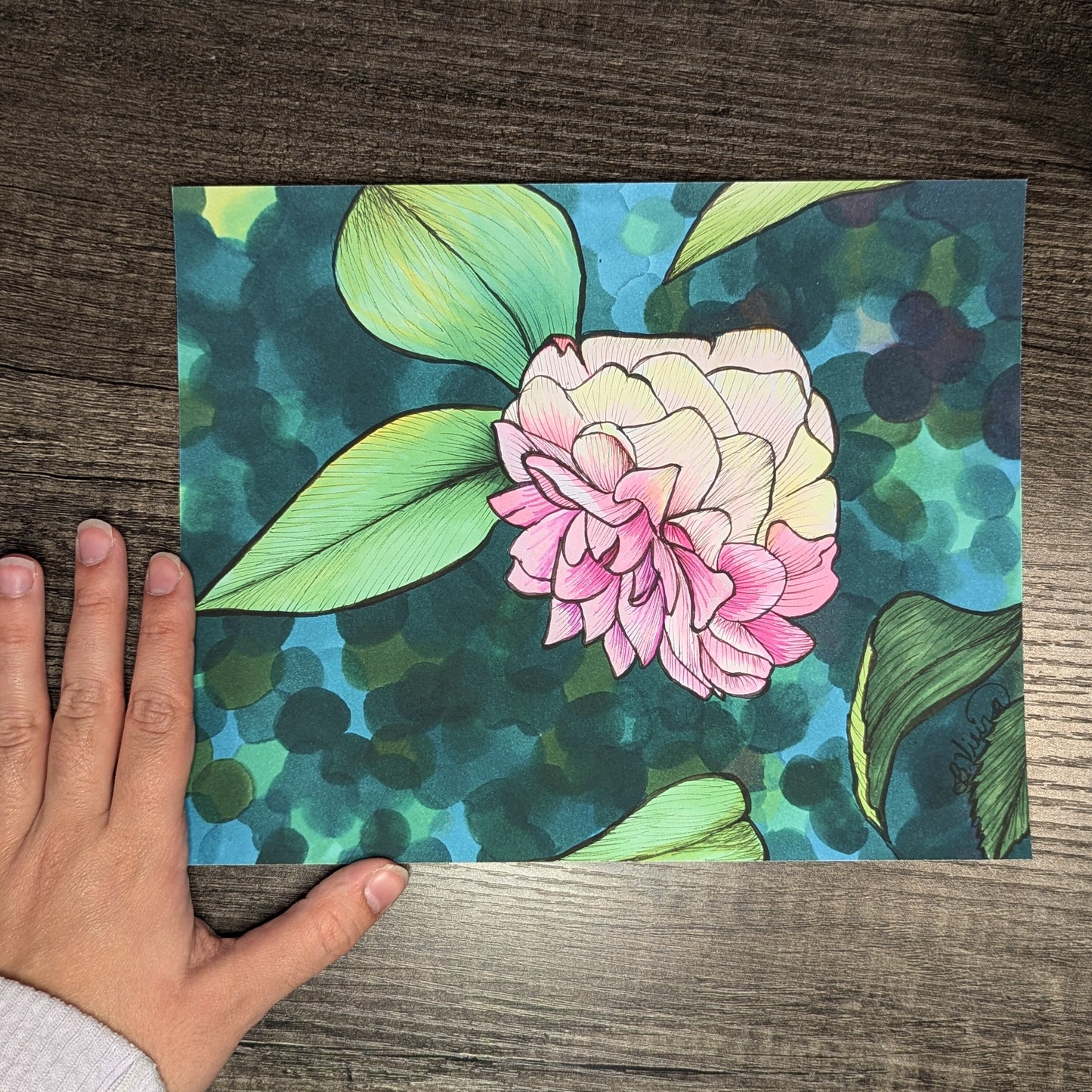 Surrounded by Green Drawing - 8" x 10" Pink Flower Marker Print