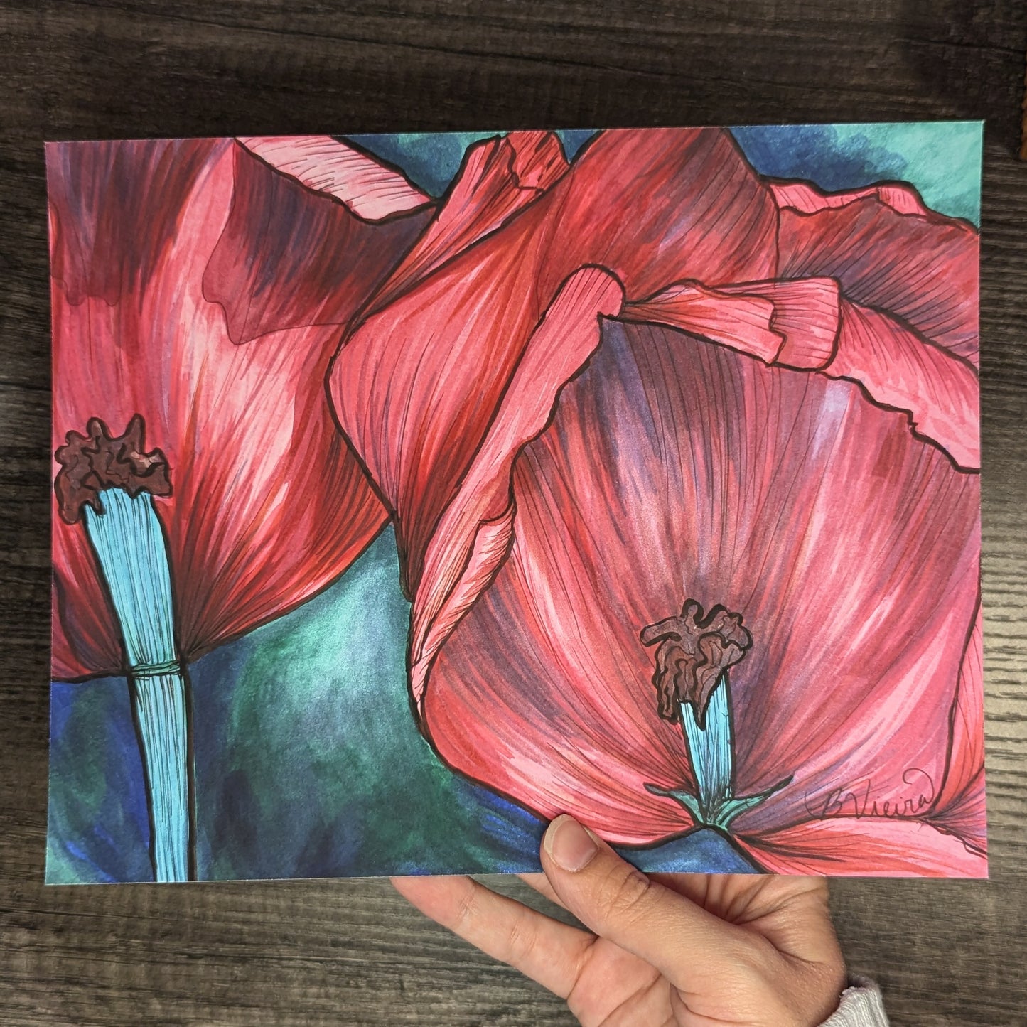 An Inside Look Drawing - 8" x 10" Red Flowers Marker Print