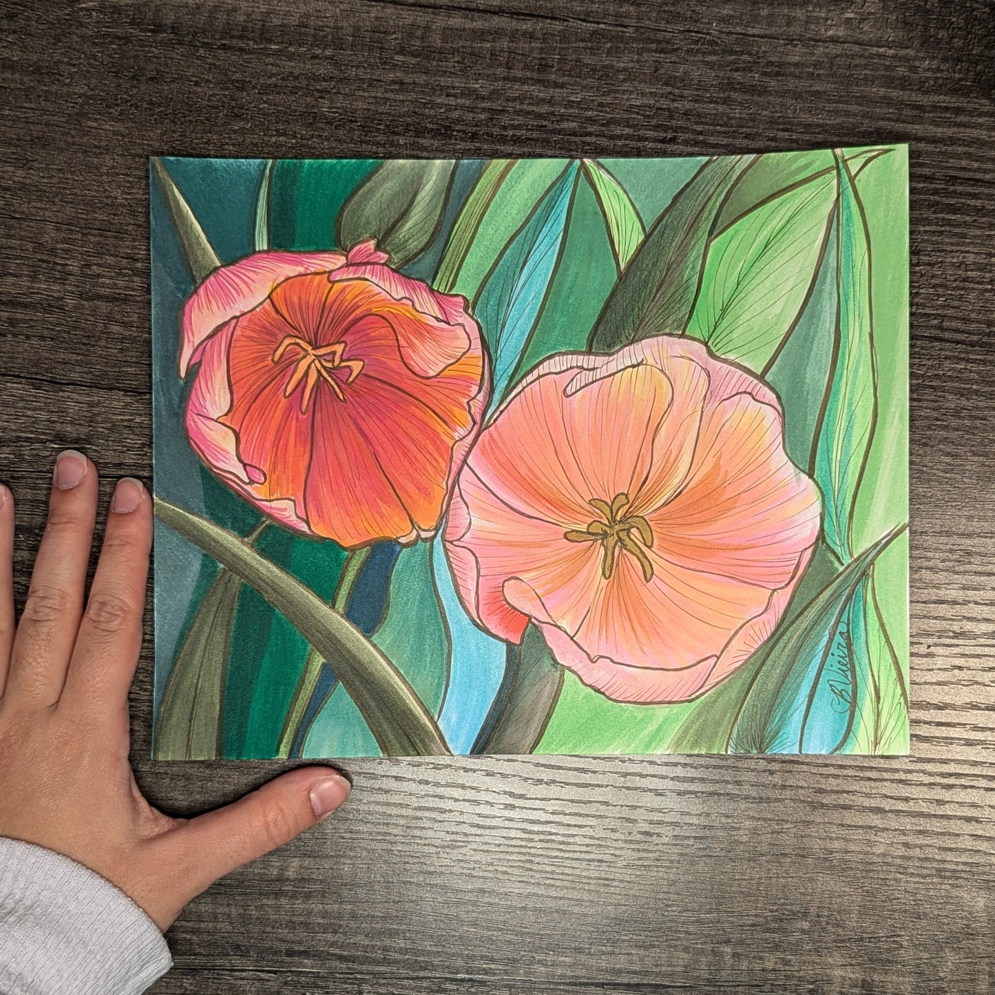 Lost in the Leaves Flower Drawing - 8" x 10" Original Marker Artwork