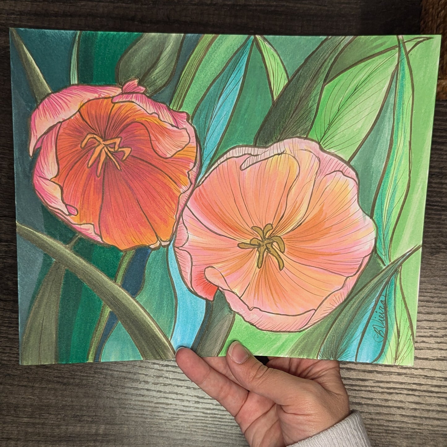 Lost in the Leaves Flower Drawing - 8" x 10" Original Marker Artwork