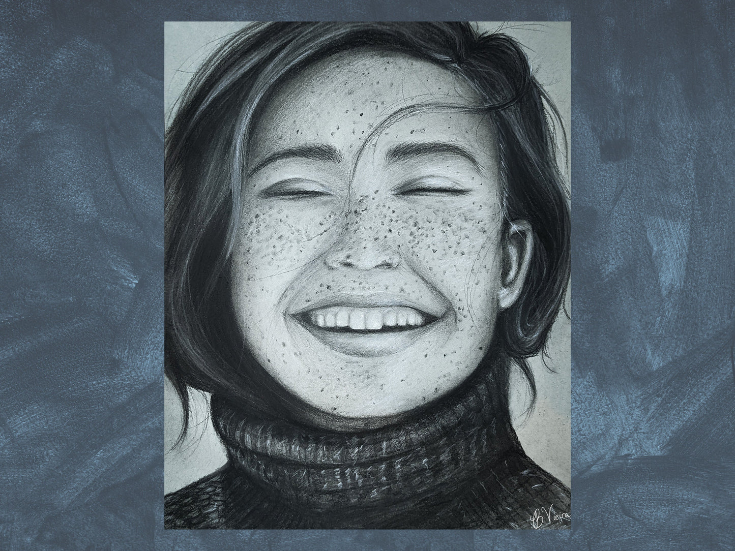 Handmade Portrait of a Smiling Woman - 11" x 13.5" Charcoal Drawing