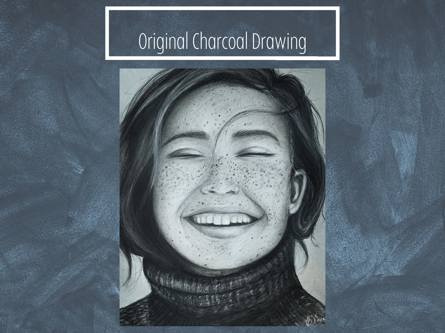 Handmade Portrait of a Smiling Woman - 11" x 13.5" Charcoal Drawing