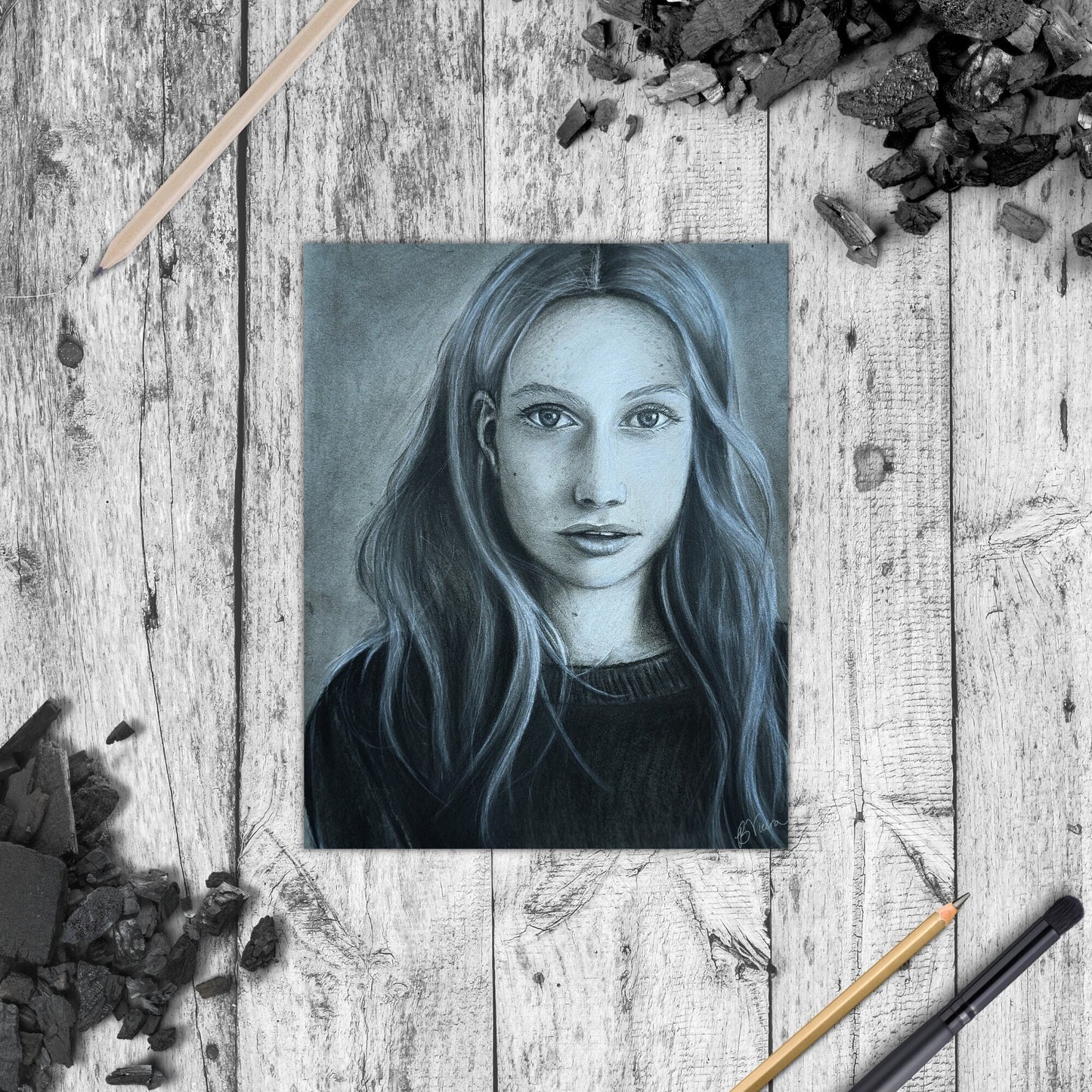 Blank Stare Charcoal Portrait - 11" x14" Original Drawing