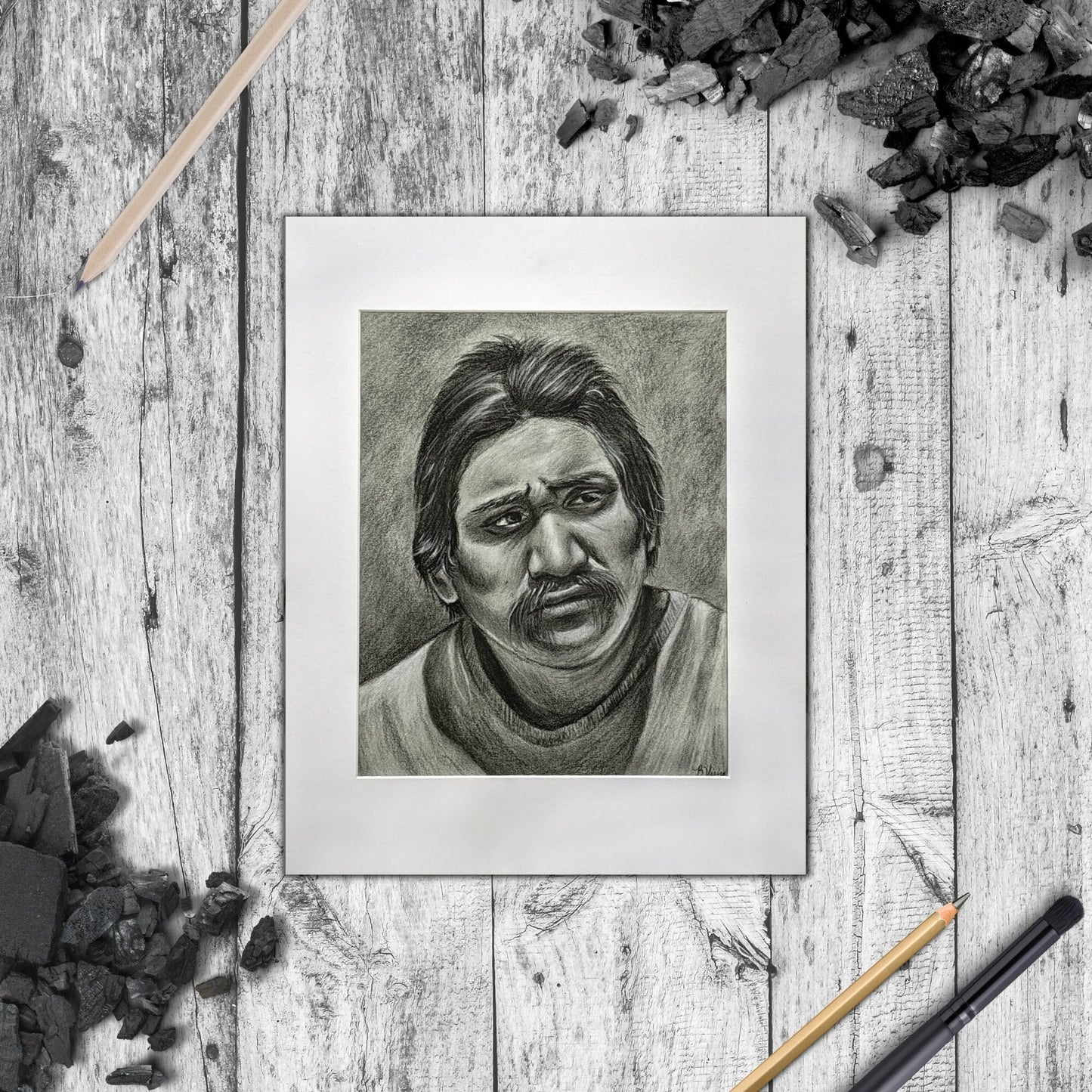 Contemporary Male Portrait - 8" x 10" Black and White Charcoal Drawing