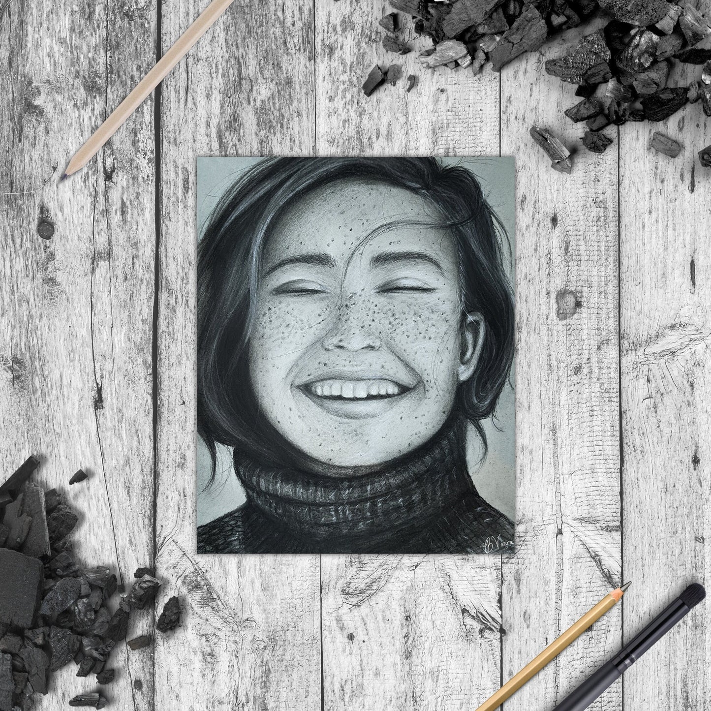 Handmade Portrait of a Smiling Woman - 11" x 13.5" Charcoal Drawing