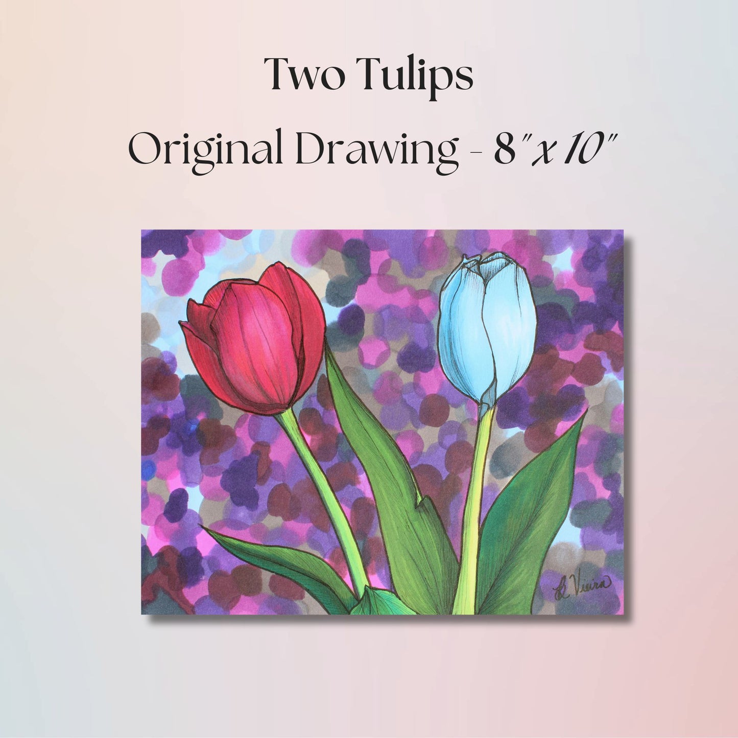 Original drawing of two tulips with a colorful abstract background on a light pink background.