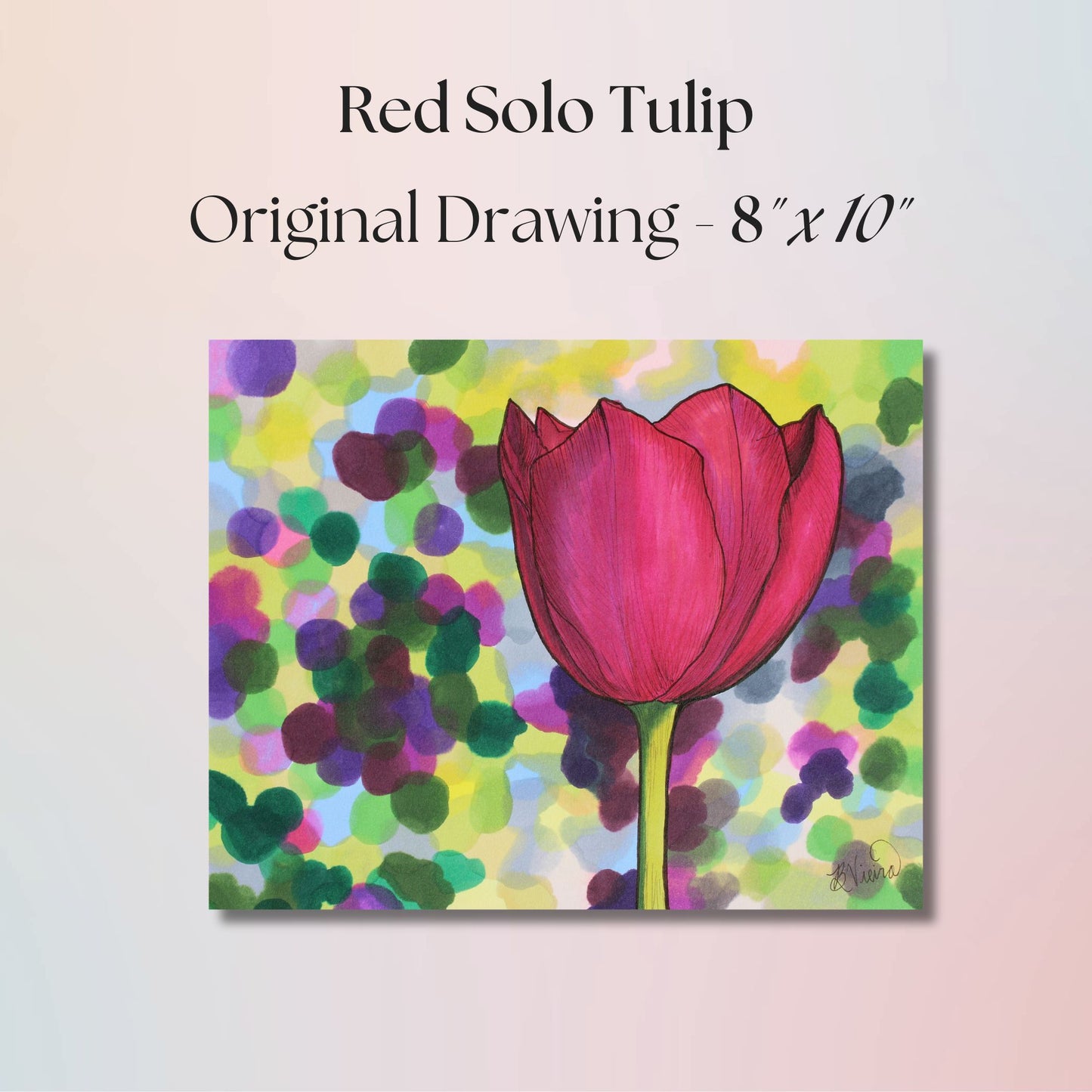 Original drawing of a red tulip on a colorful abstract background with text indicating size and description.