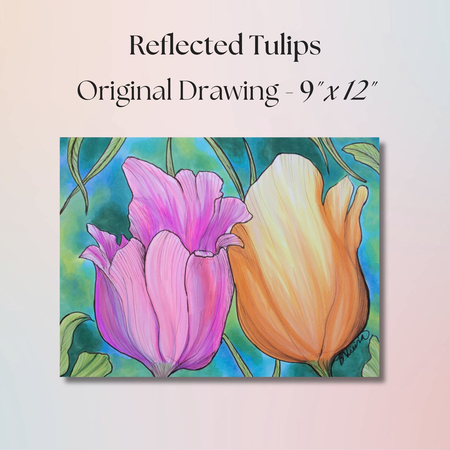 Reflected Tulips - 9" x 12" Original Marker Artwork