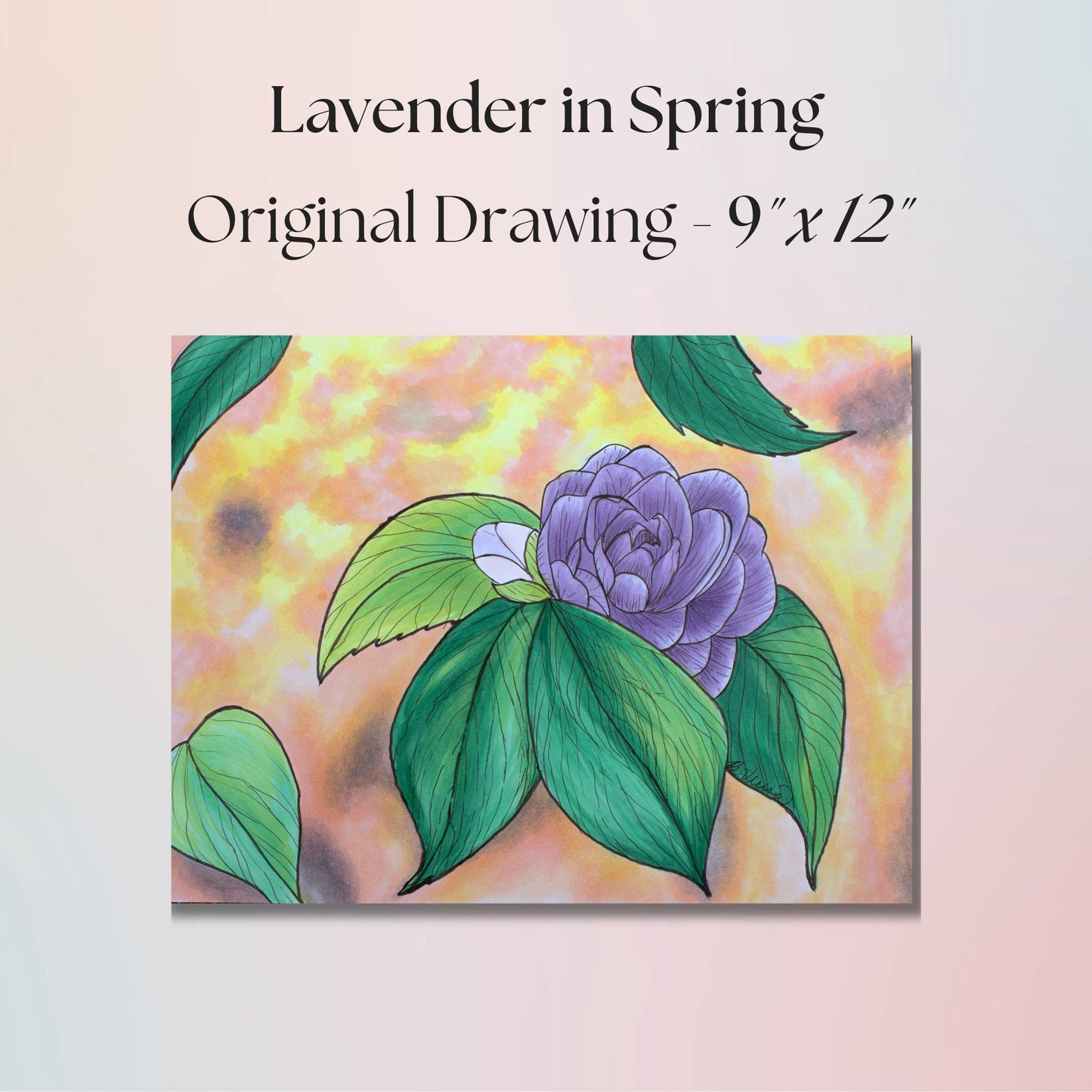 Original drawing of a lavender flower with green leaves on a colorful background, titled 'Lavender in Spring'.