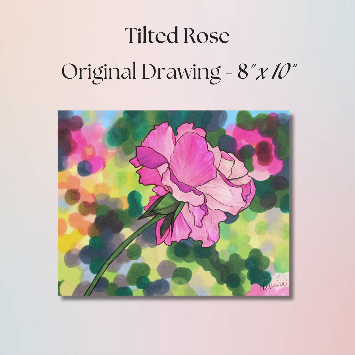 Original drawing of a pink rose with colorful abstract background, titled 'Tilted Rose'.