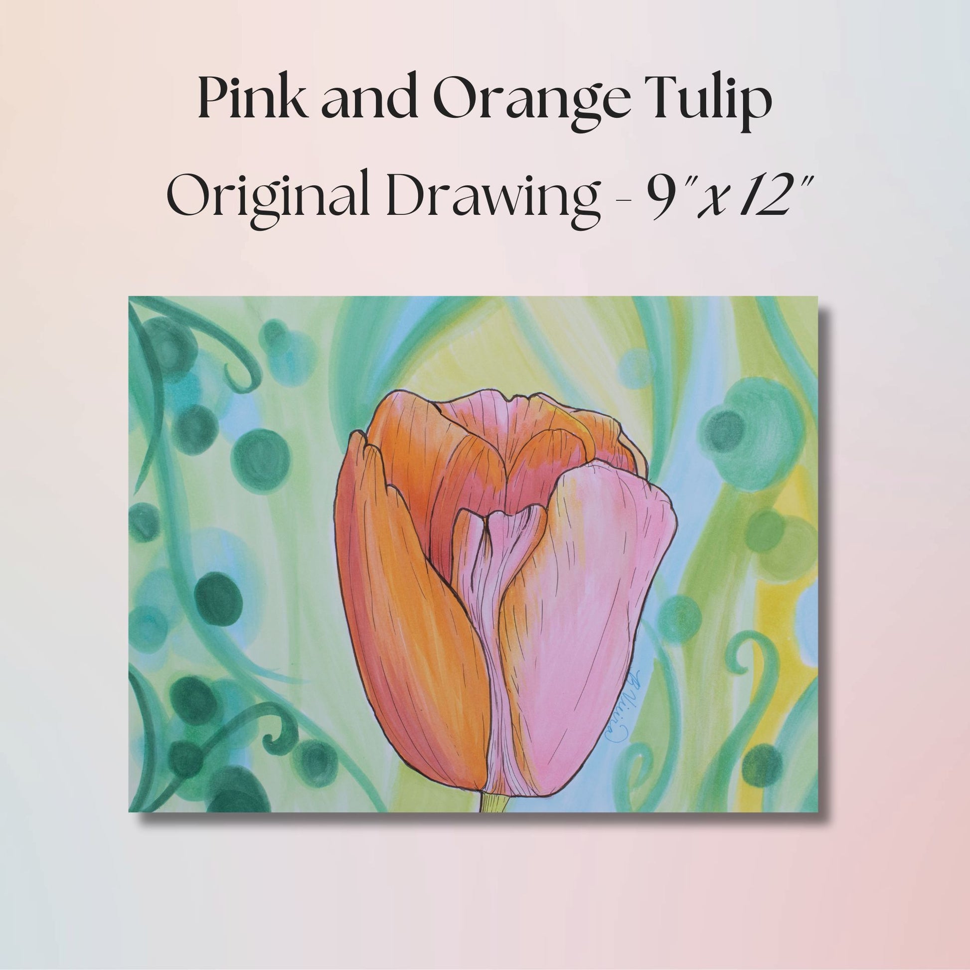Original drawing of a pink and orange tulip with text on a light background