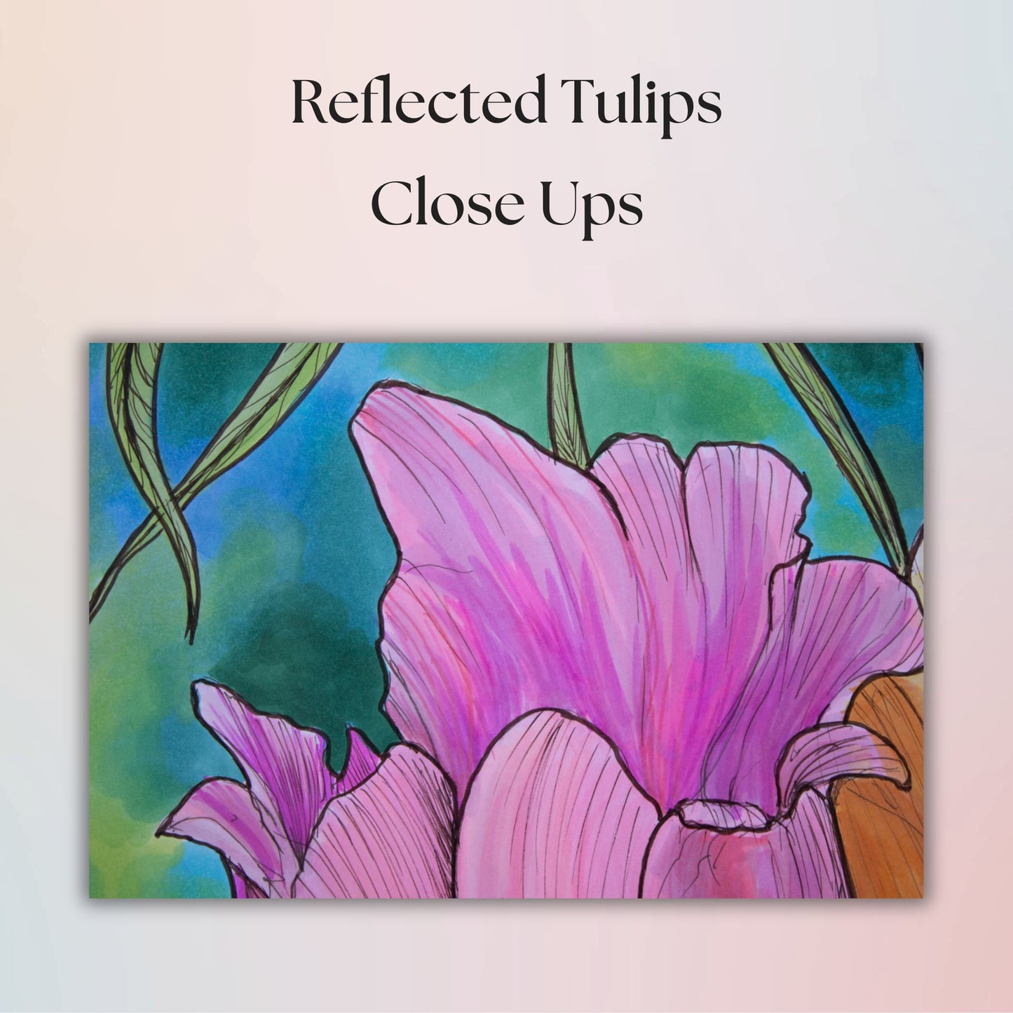 Reflected Tulips Drawing - 8" x 10" Pink Marker Cardstock Print