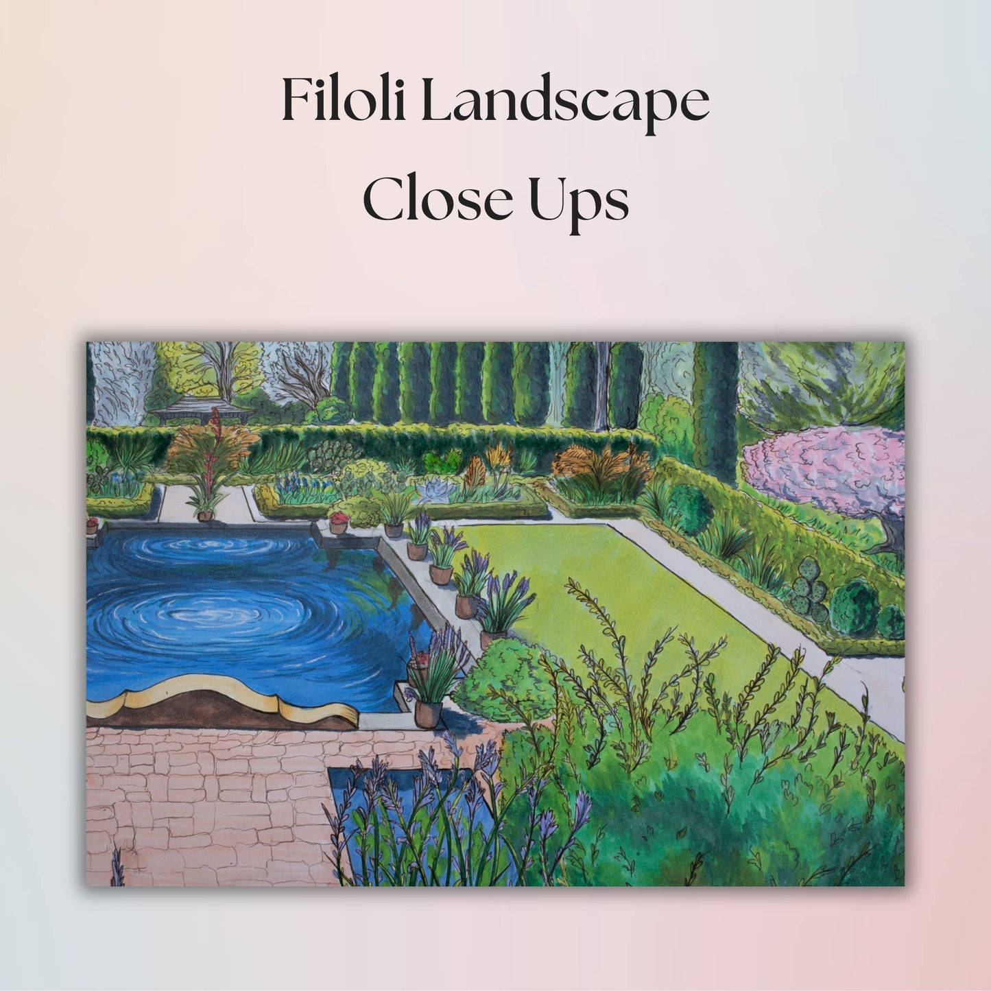Artistic depiction of a garden with a pond and trees, labeled 'Filoli Landscape Close Ups'.