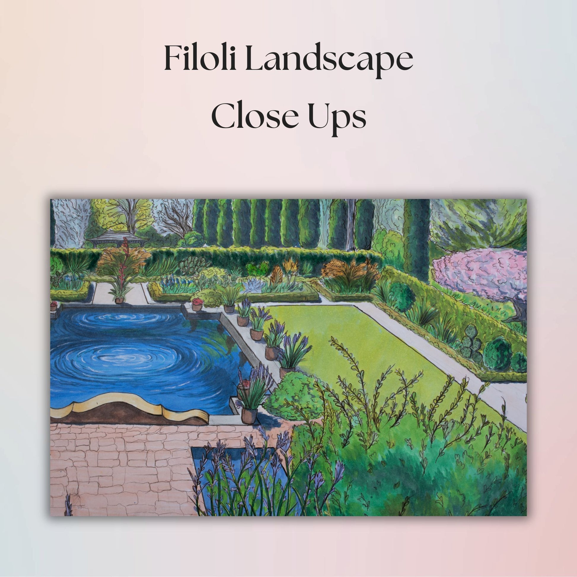 Artistic depiction of a garden with a pond and trees, labeled 'Filoli Landscape Close Ups'.