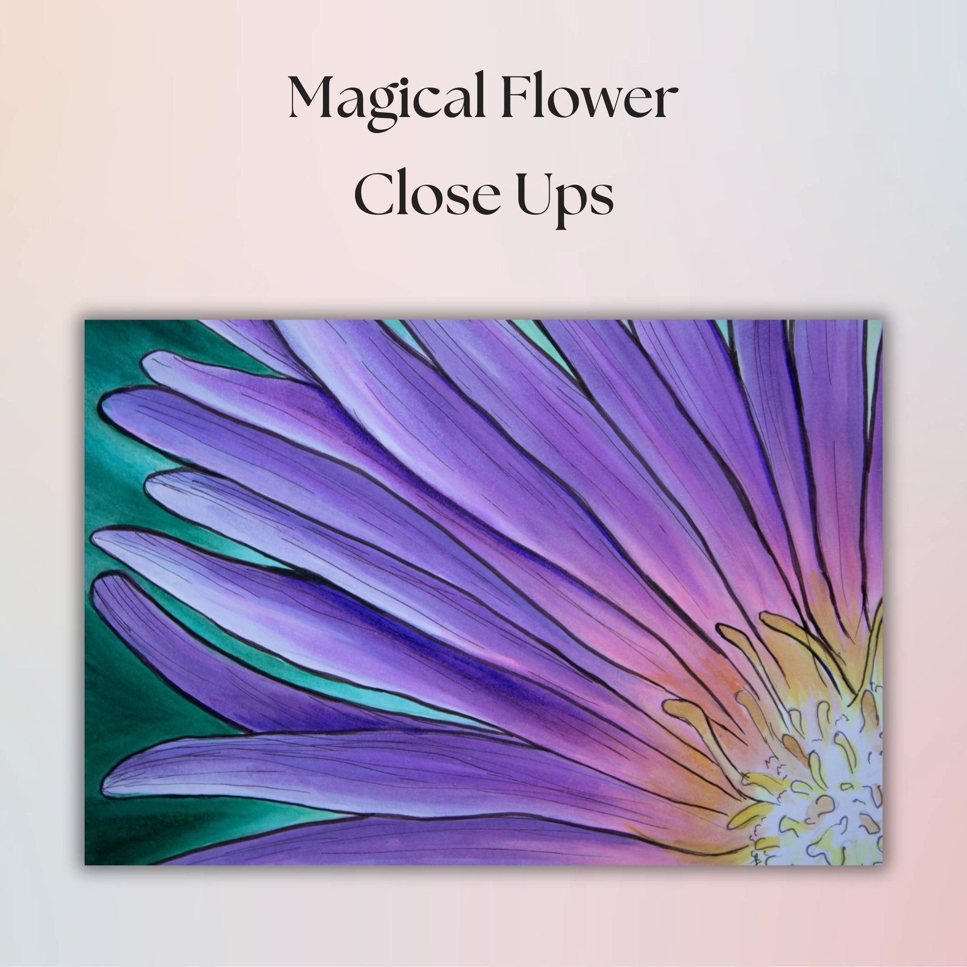 Close-up of a purple flower with text 'Magical Flower Close Ups' on a light pink background
