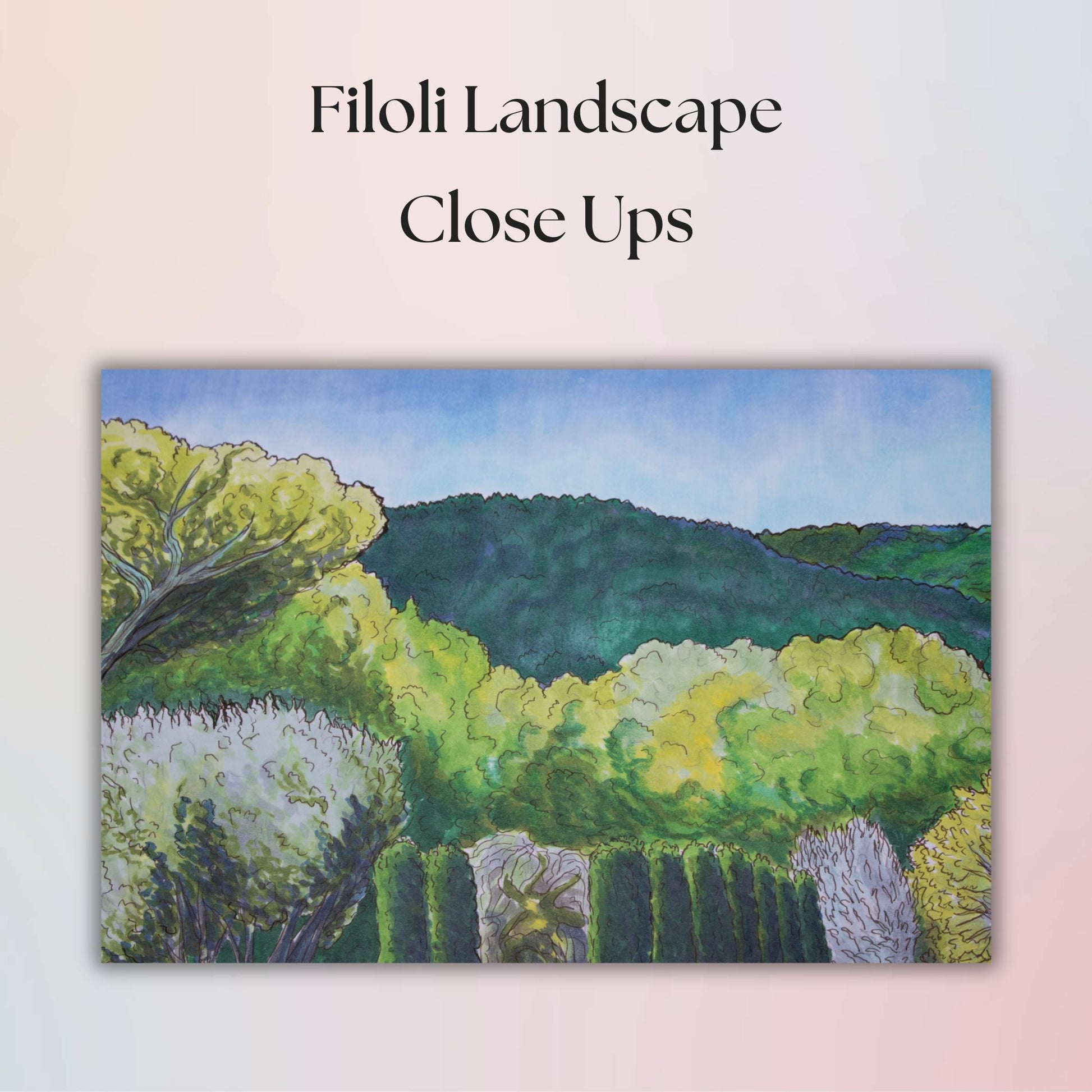 Artistic depiction of a landscape with trees and hills, labeled 'Filoli Landscape Close Ups'.