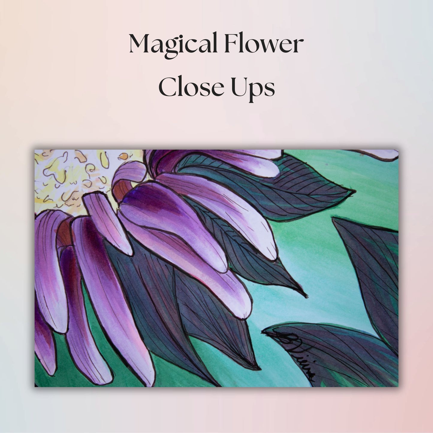 Close-up of a stylized purple flower with green leaves on a light pink background, labeled 'Magical Flower Close Ups'.