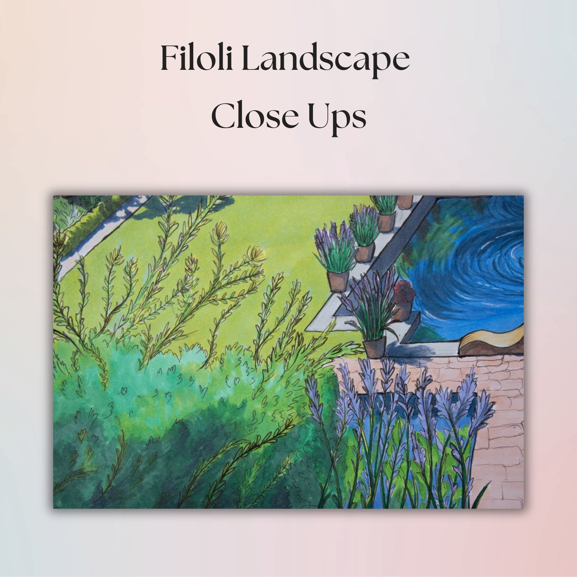 Artistic depiction of a garden scene with plants and water, labeled 'Filoli Landscape Close Ups'.