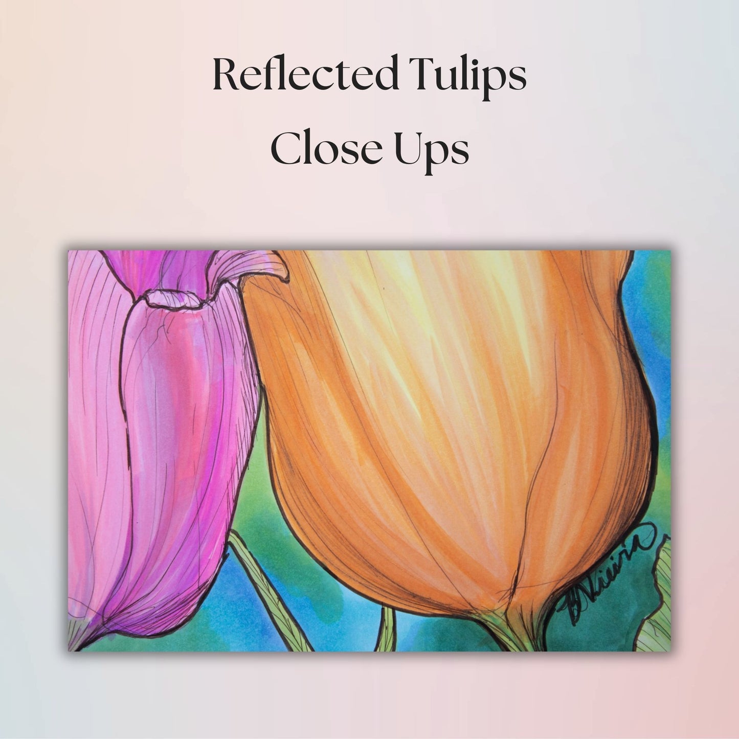 Reflected Tulips Drawing - 8" x 10" Pink Marker Cardstock Print