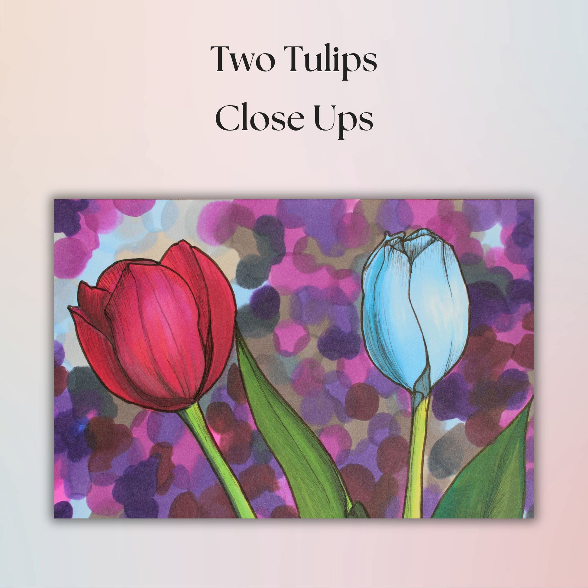 Two tulips, one red and one blue, on a colorful abstract background with text 'Two Tulips Close Ups'.