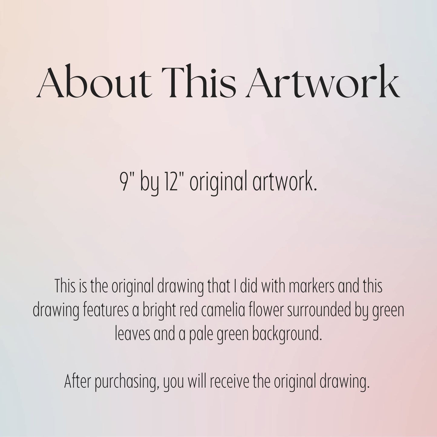 Text description of an artwork with dimensions and details on a gradient background