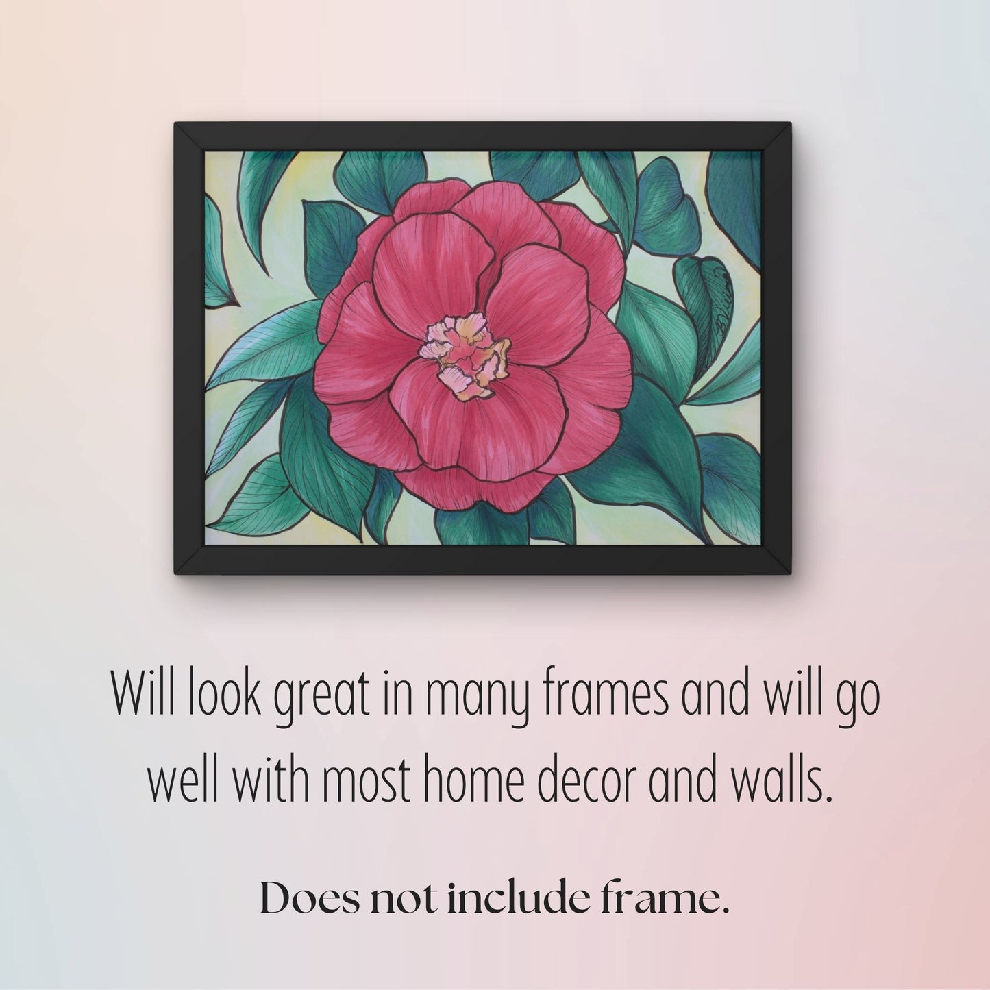 artwork of a pink flower with green leaves on a light background
