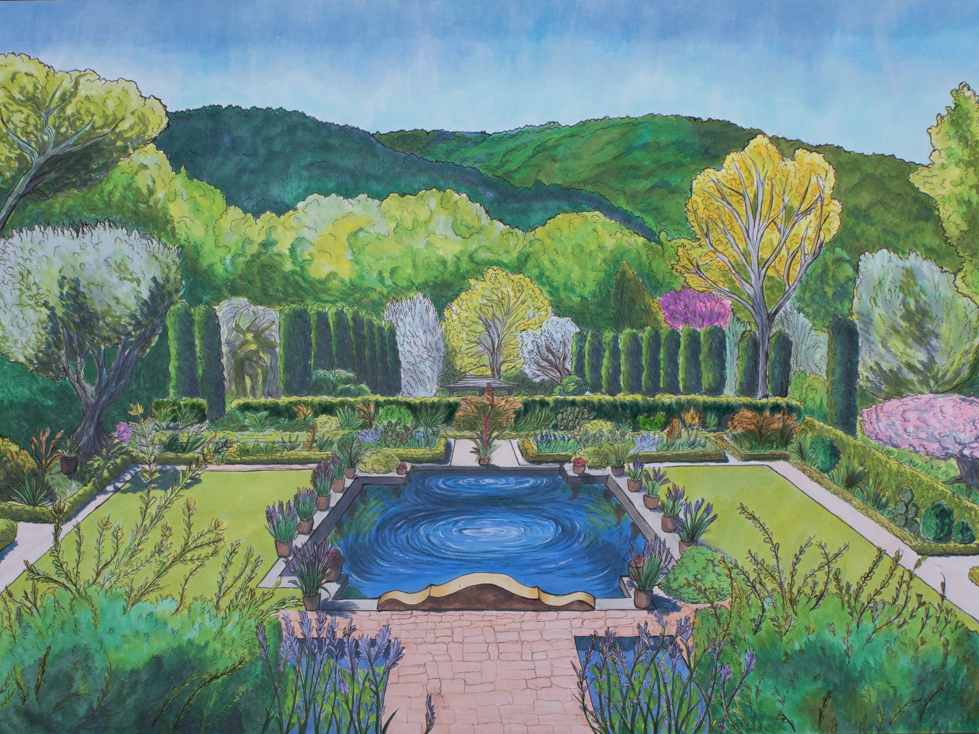 Colorful illustration of a garden with a pond and trees