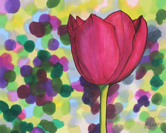 Red tulip flower on a colorful abstract background