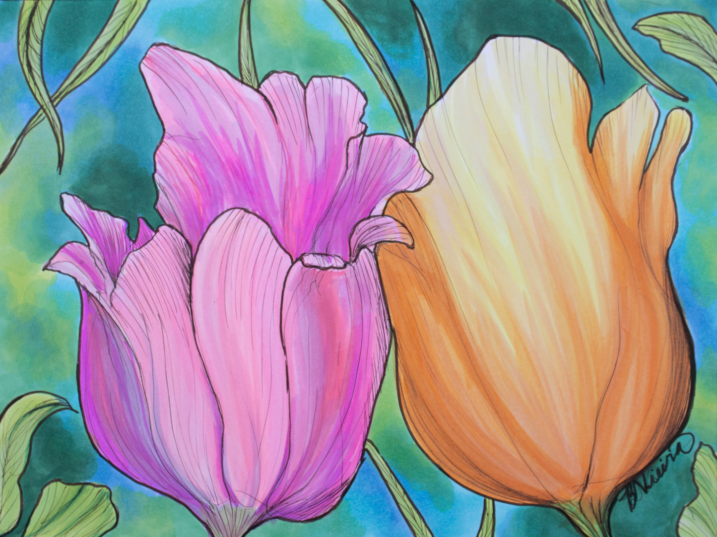 Reflected Tulips Drawing - 8" x 10" Pink Marker Cardstock Print