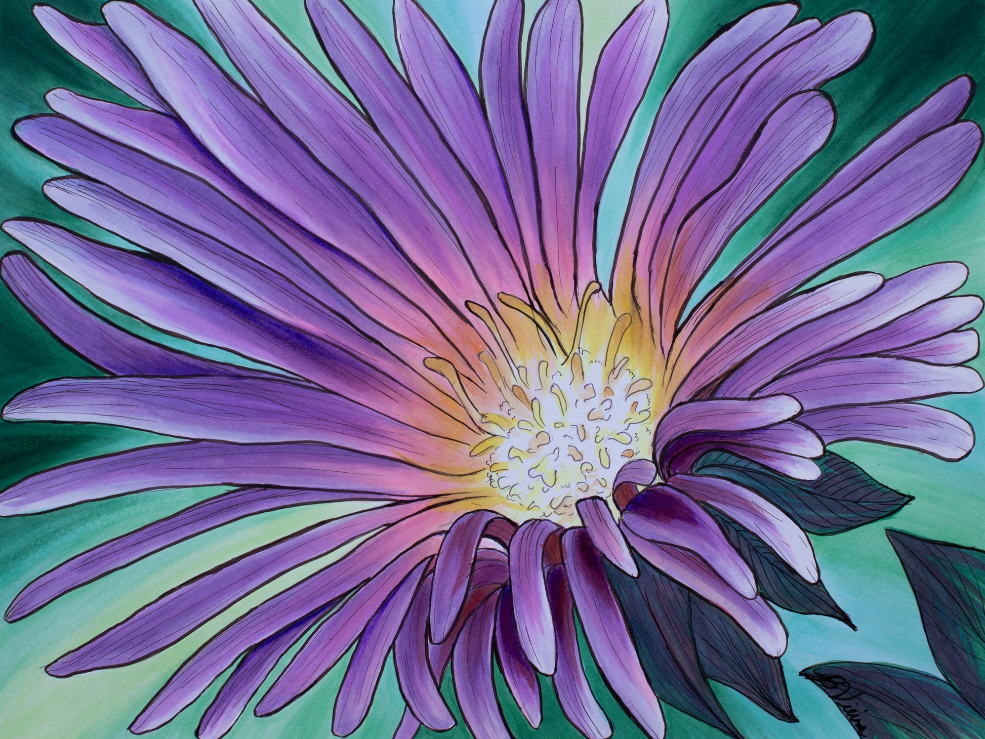 artwork of a purple flower with a green background