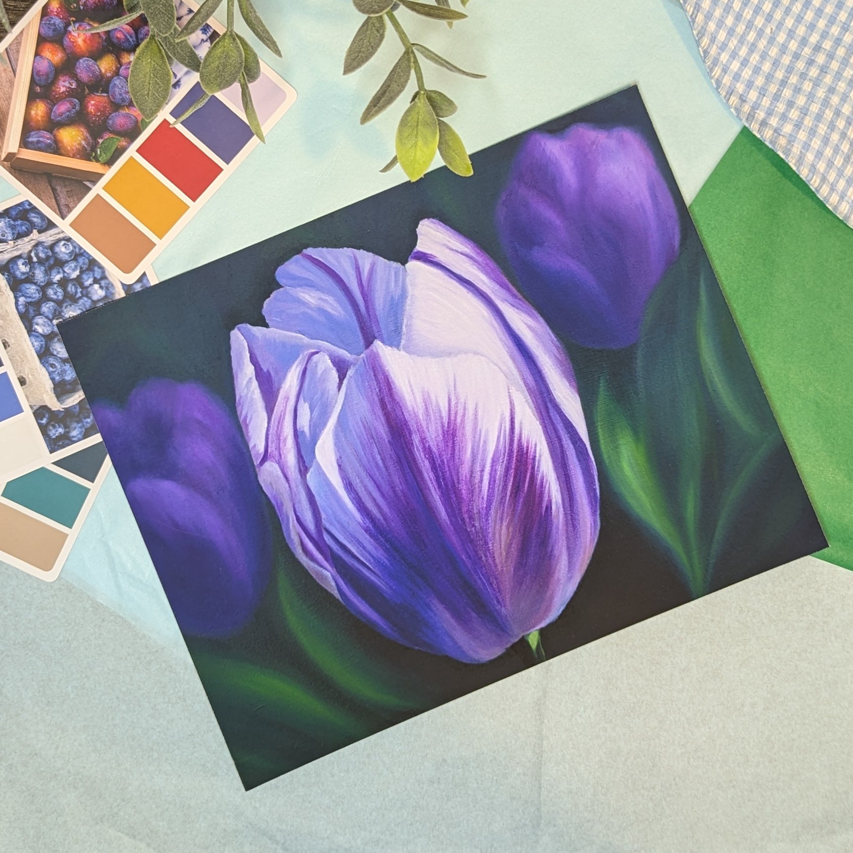 print of a painting of purple tulips on a textured surface