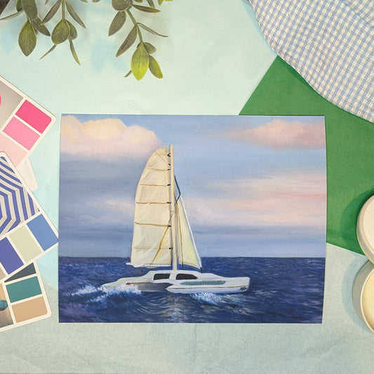Painting of a sailboat on water with color swatches and fabric samples around it in the background