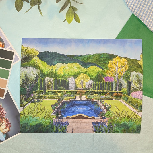 Colorful illustration of a garden with a pool on a textured surface.