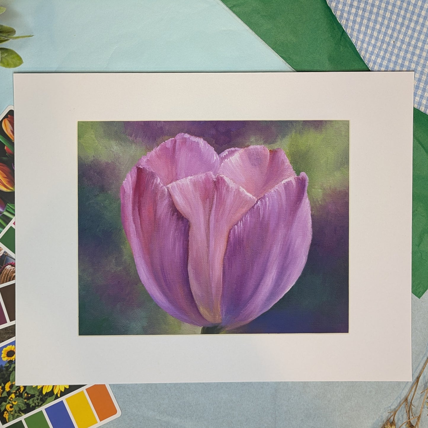 painting of a tulip on a colorful background