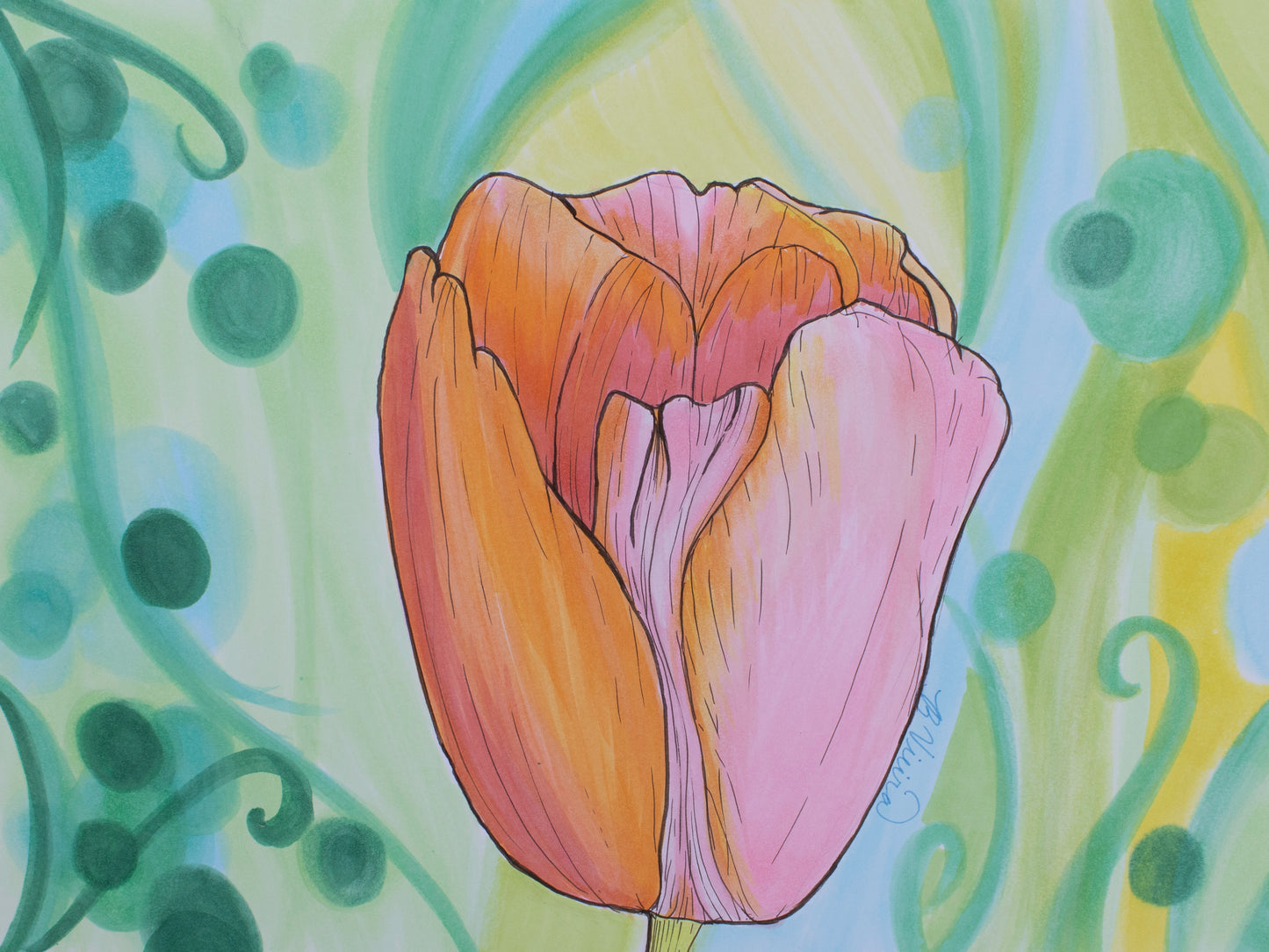 Colorful tulip illustration on a green and yellow background