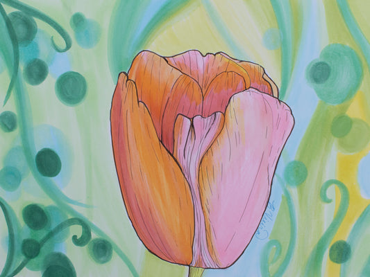 Colorful tulip illustration on a green and yellow background