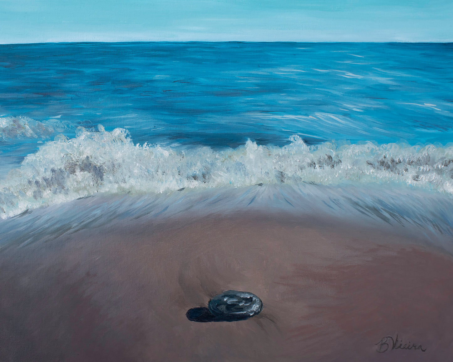 Oil painting of a beach scene with waves crashing onto the shore.