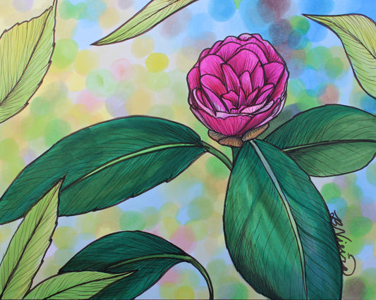 Colorful illustration of a pink flower with green leaves on a multicolored background
