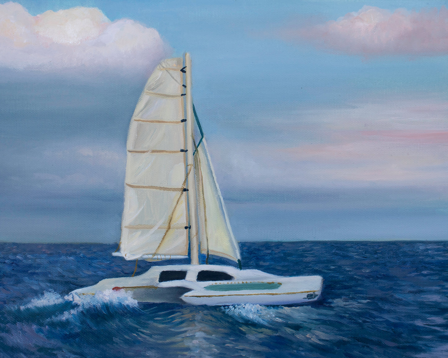 Sailboat on the ocean with a cloudy sky oil painting