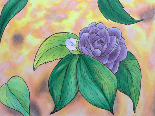 Purple flower with green leaves on a colorful abstract background