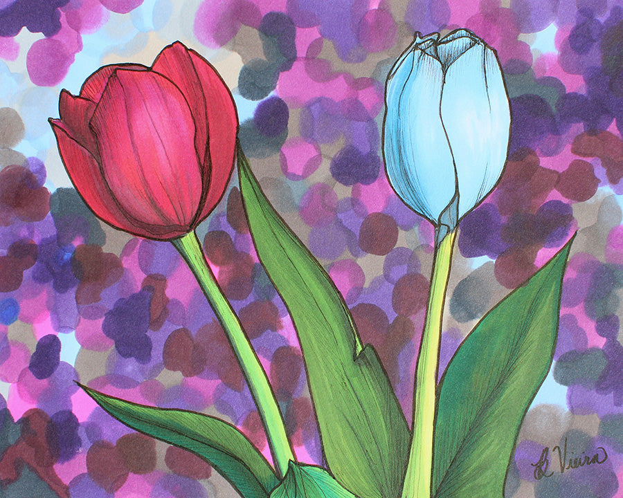 Two tulips, one red and one blue, against a colorful abstract background.
