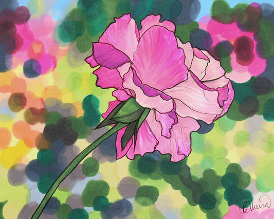 Pink flower with a colorful, abstract background