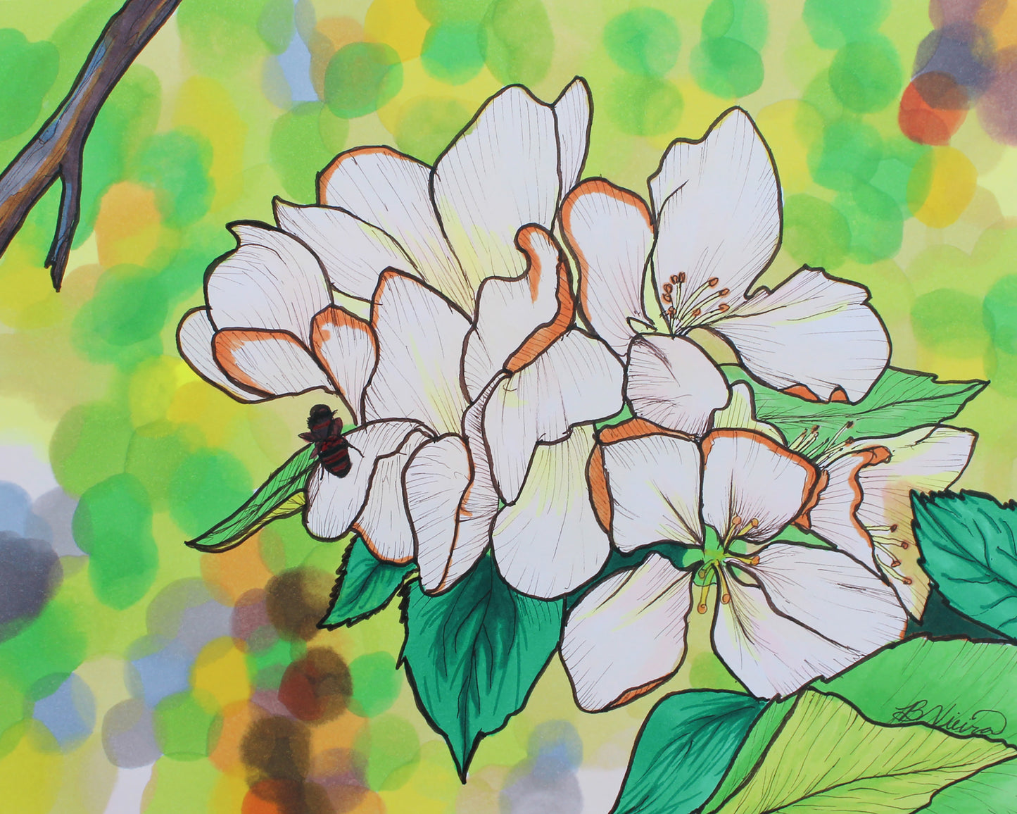Colorful illustration of flowers with a bee on a green and yellow background