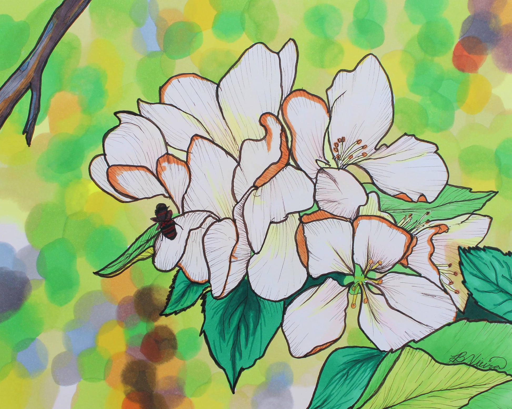 Colorful illustration of flowers with a bee on a green and yellow background