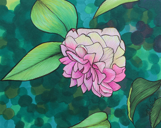 Colorful illustration of a flower with green leaves on a textured green background